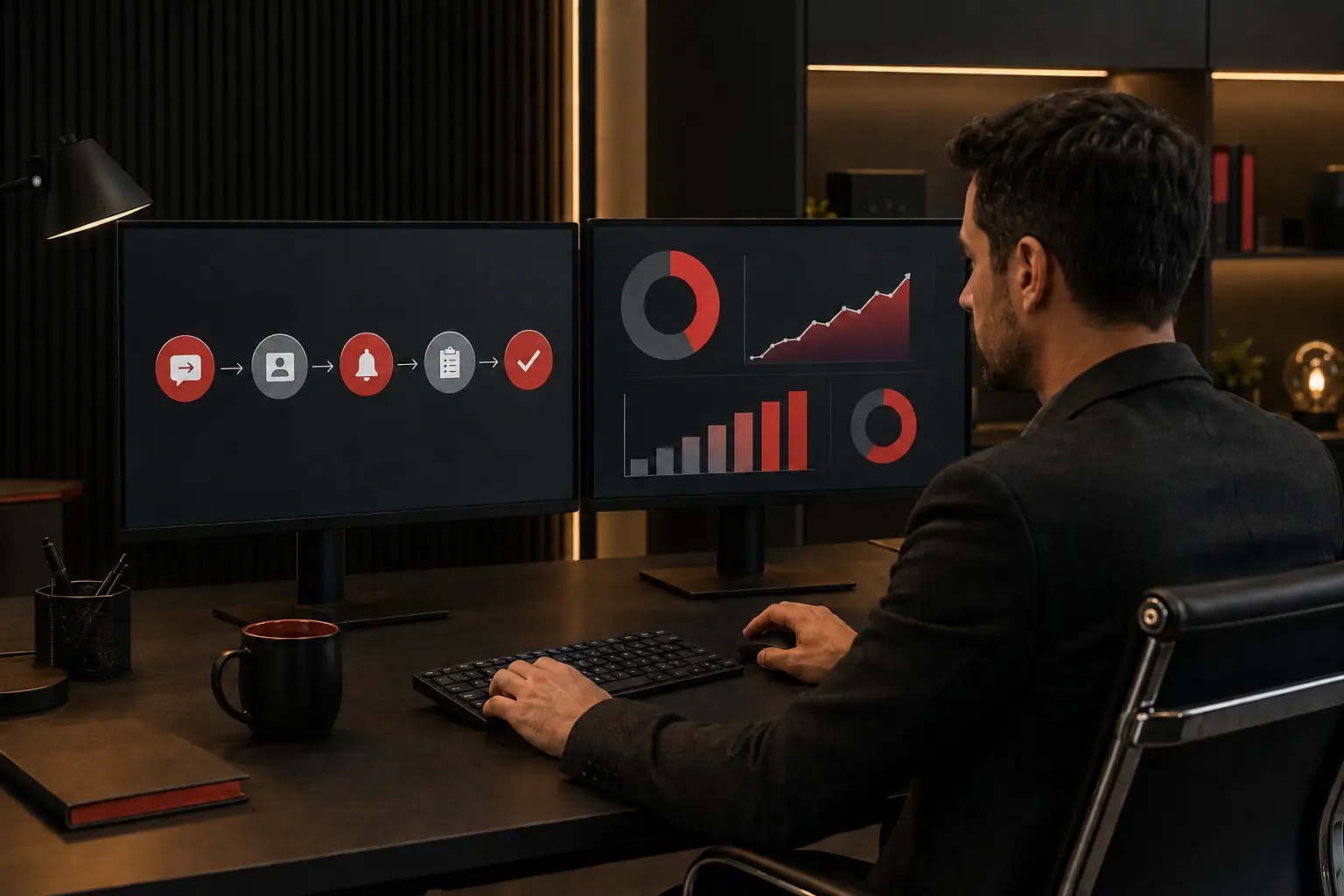 Profissional acompanhando fluxos automatizados e processos empresariais conectados