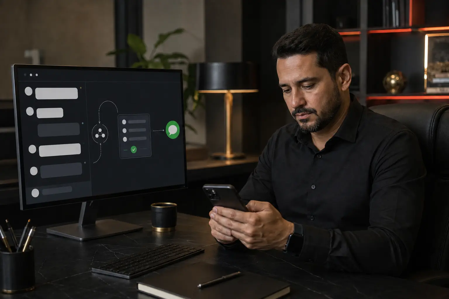 Empresário utilizando atendimento automatizado por chatbot com inteligência artificial