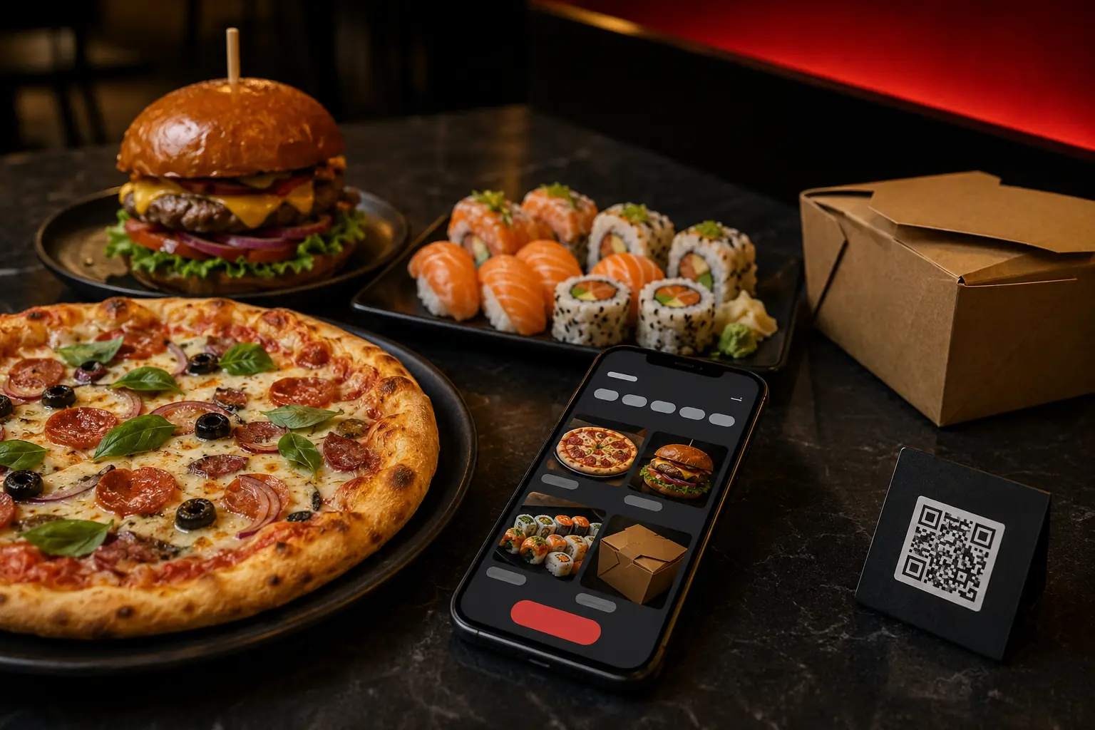 Pizza, hambúrguer e sushi ao lado de celular exibindo cardápio digital