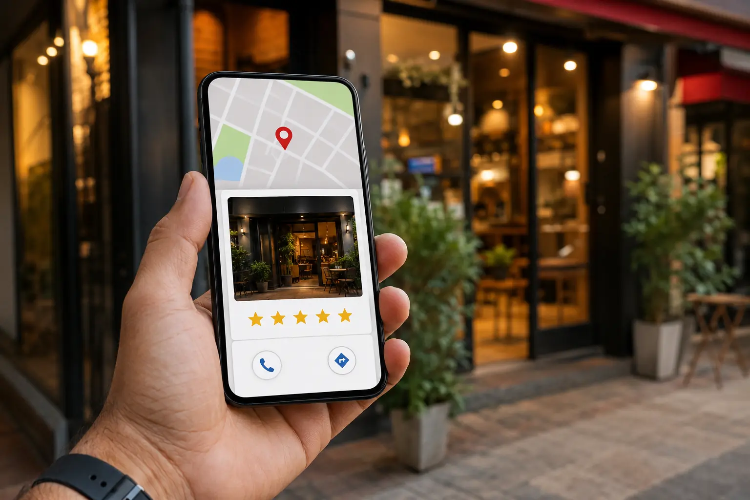 Cliente encontrando uma empresa local no mapa pelo celular com avaliação de cinco estrelas