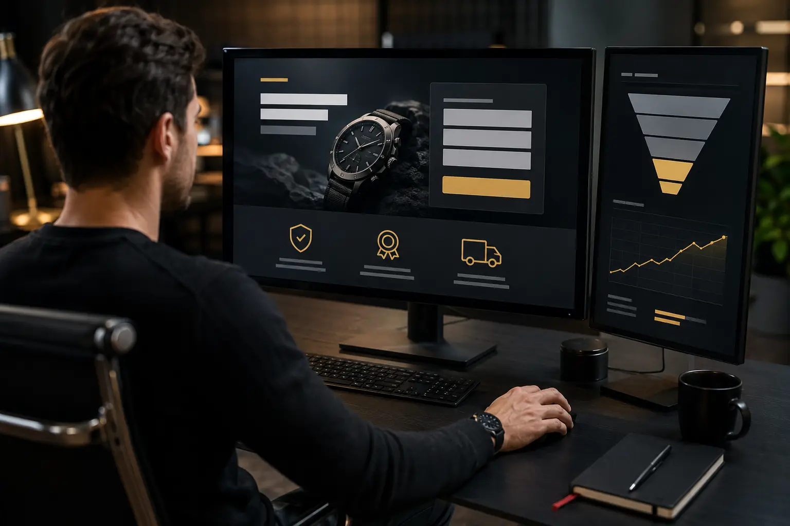 Especialista analisando landing page, formulário, funil e métricas de conversão