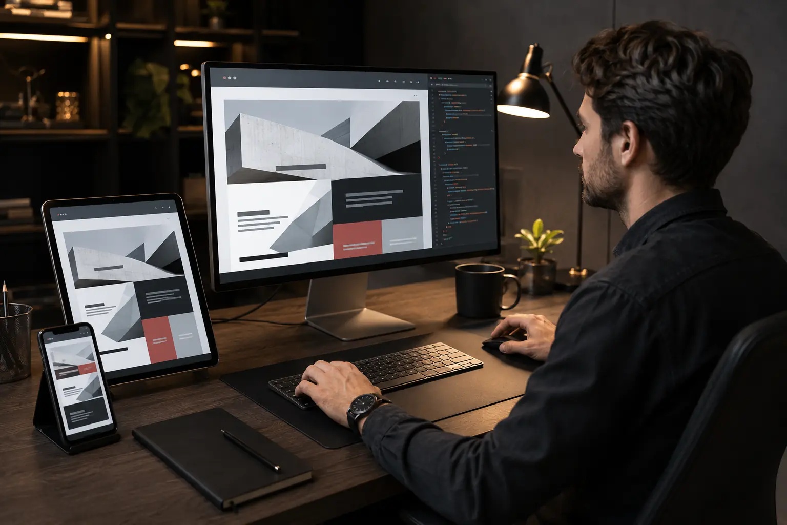 Profissional criando um site responsivo em computador, tablet e celular
